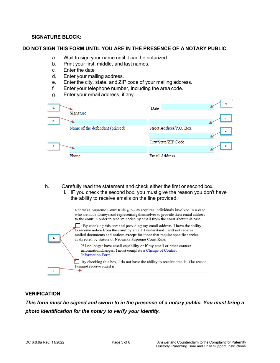 Instructions for Form DC6:8.8 Answer and Counterclaim to Complaint for Paternity, Custody, Parenting Time, and Child Support - Nebraska, Page 5