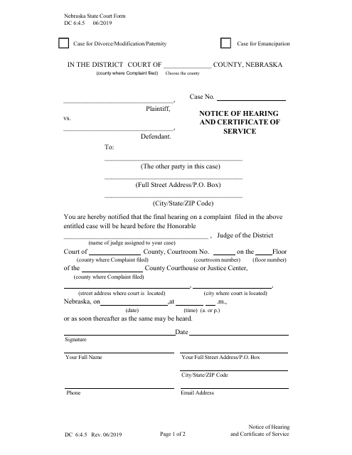 Form DC6:4.5 Notice of Hearing and Certificate of Service - Nebraska