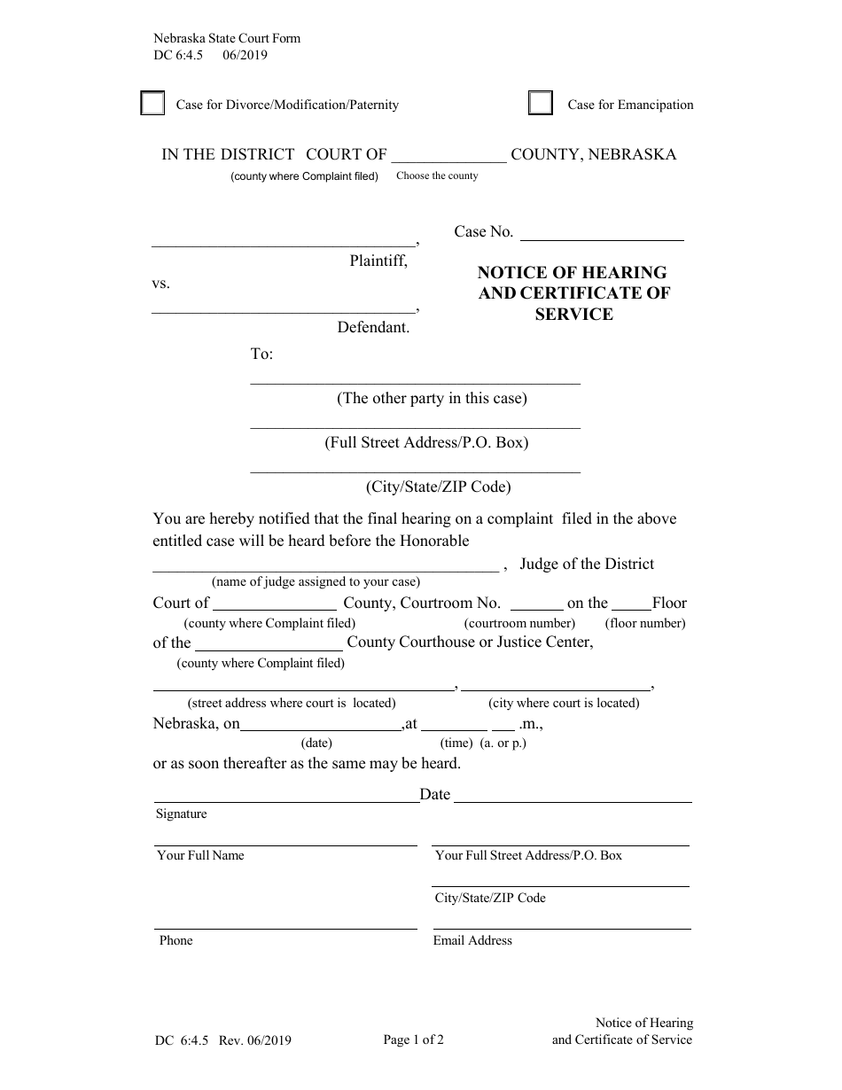 Form DC6:4.5 Notice of Hearing and Certificate of Service - Nebraska, Page 1