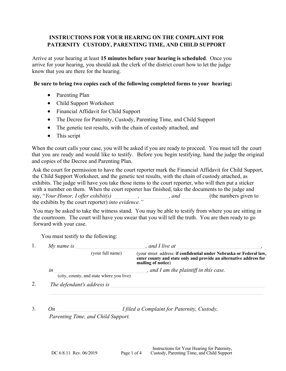 Form DC6:8.11 Instructions for Your Hearing on the Complaint for Paternity Custody, Parenting Time, and Child Support - Nebraska, Page 1