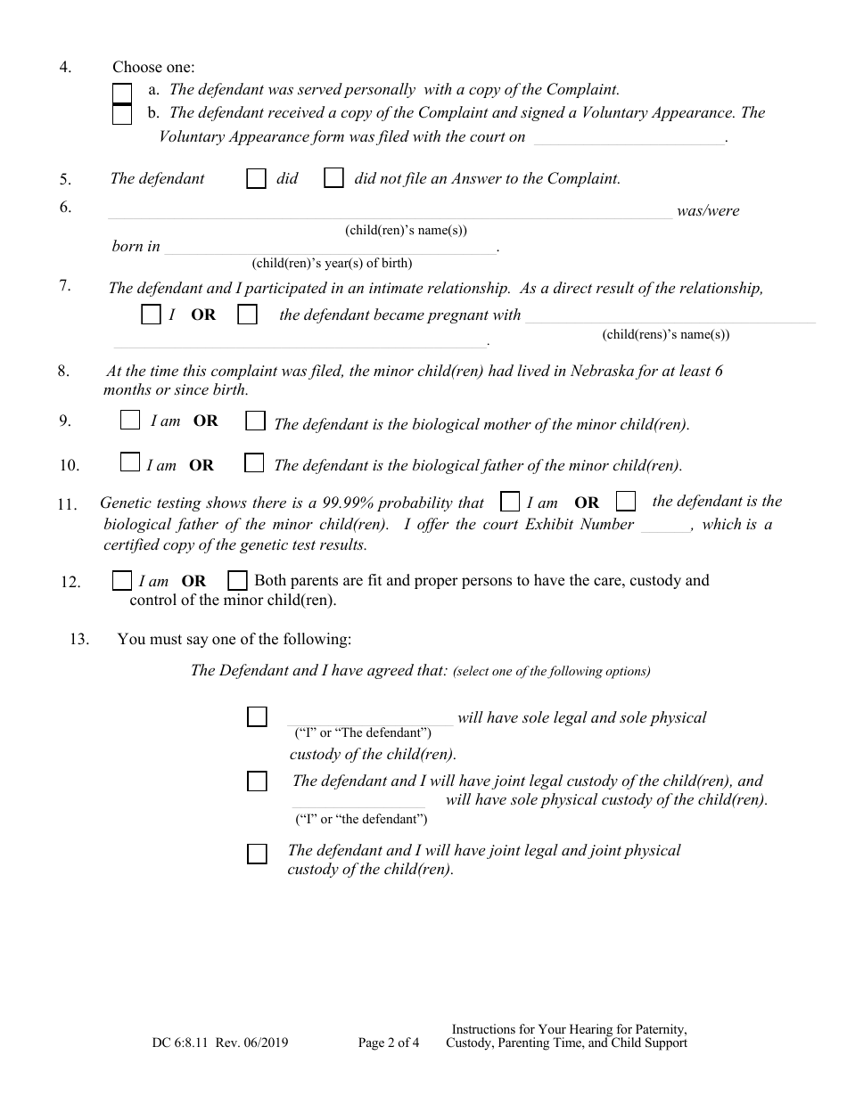 Form DC6:8.11 Instructions for Your Hearing on the Complaint for Paternity Custody, Parenting Time, and Child Support - Nebraska, Page 2