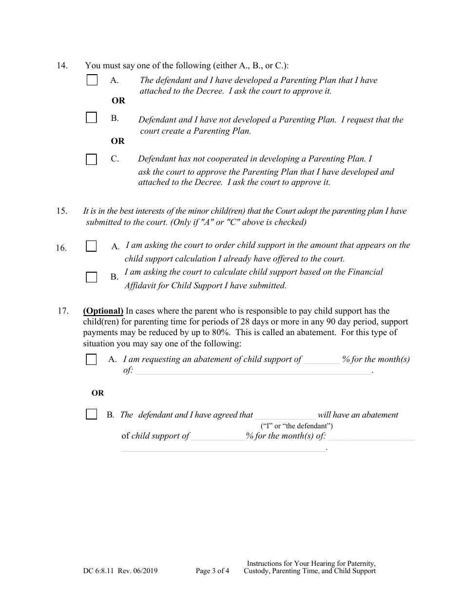 Form DC6:8.11 Instructions for Your Hearing on the Complaint for Paternity Custody, Parenting Time, and Child Support - Nebraska, Page 3