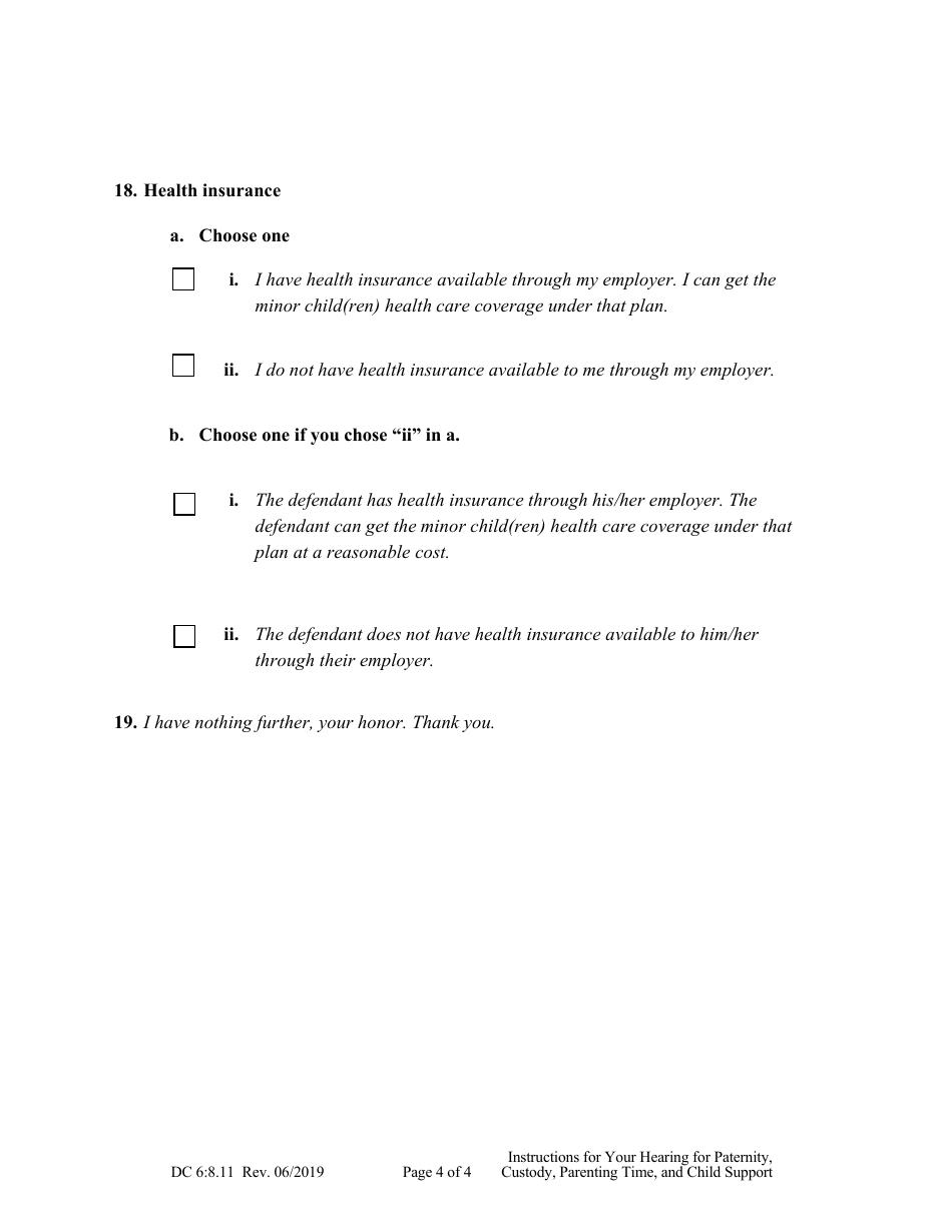 Form DC6:8.11 Instructions for Your Hearing on the Complaint for Paternity Custody, Parenting Time, and Child Support - Nebraska, Page 4