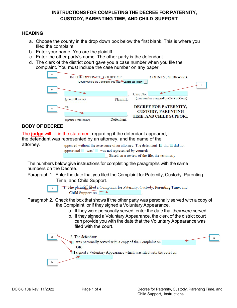 Instructions for Form DC6:8.10 Decree for Paternity, Custody, Parenting Time, and Child Support - Nebraska, Page 1