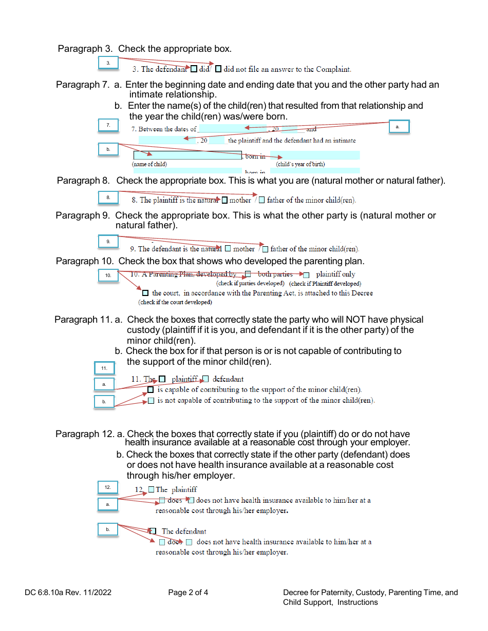 Instructions for Form DC6:8.10 Decree for Paternity, Custody, Parenting Time, and Child Support - Nebraska, Page 2