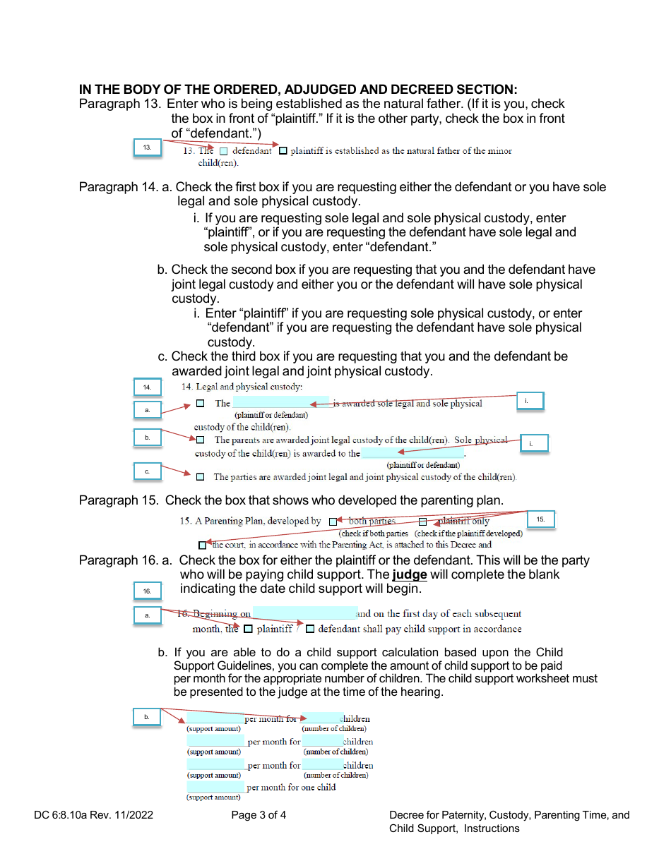 Instructions for Form DC6:8.10 Decree for Paternity, Custody, Parenting Time, and Child Support - Nebraska, Page 3