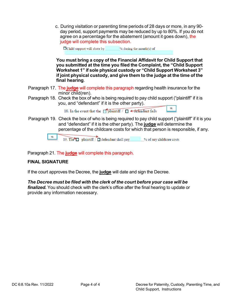Instructions for Form DC6:8.10 Decree for Paternity, Custody, Parenting Time, and Child Support - Nebraska, Page 4