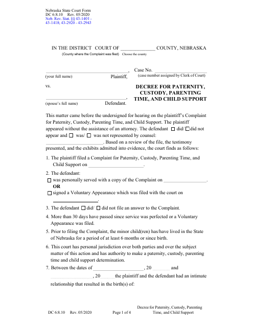 Form DC6:8.10 Decree for Paternity, Custody, Parenting Time, and Child Support - Nebraska