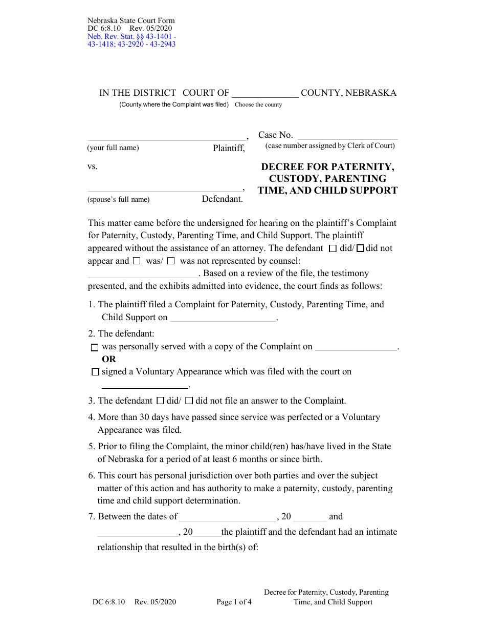Form DC6:8.10 Decree for Paternity, Custody, Parenting Time, and Child Support - Nebraska, Page 1