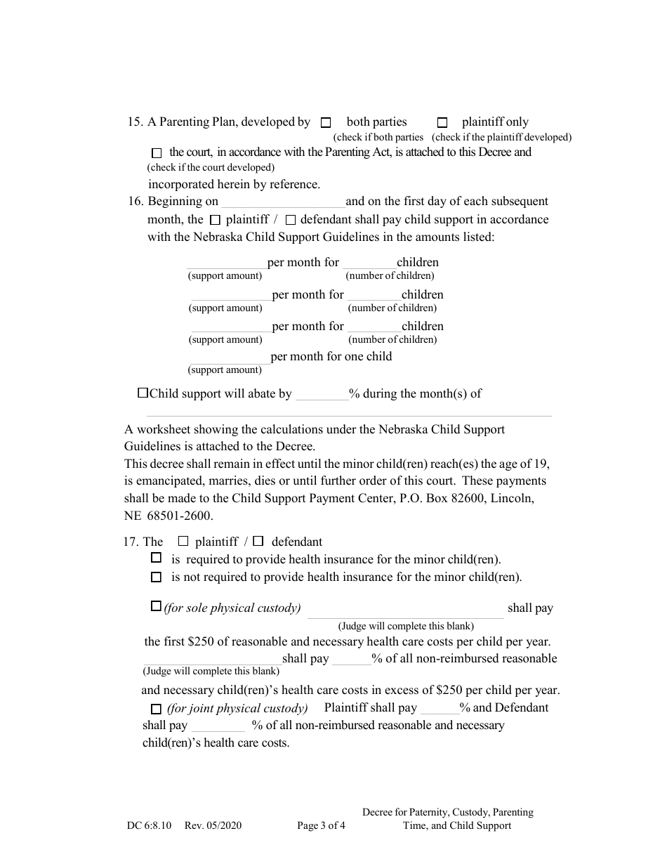 Form DC6:8.10 Decree for Paternity, Custody, Parenting Time, and Child Support - Nebraska, Page 3