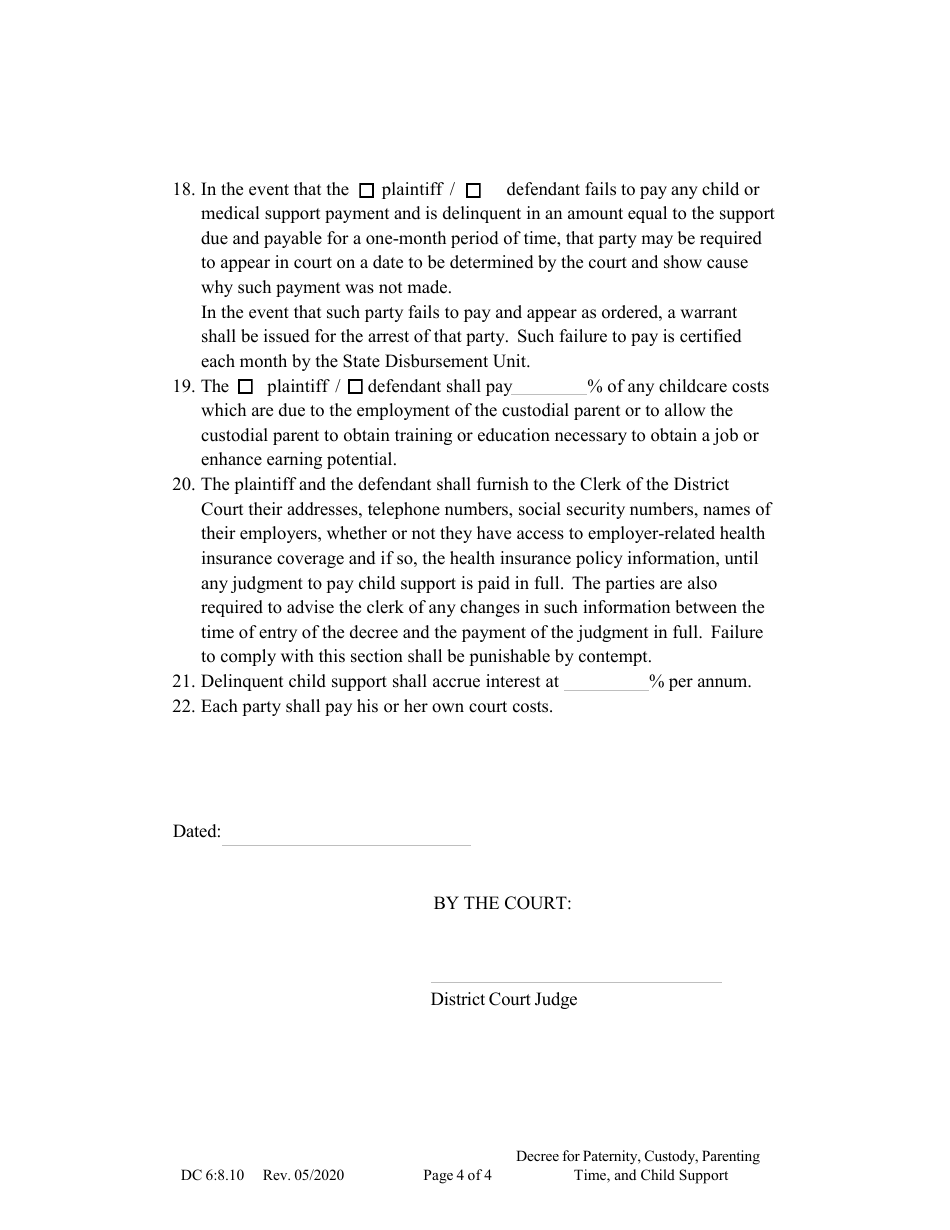 Form DC6:8.10 Decree for Paternity, Custody, Parenting Time, and Child Support - Nebraska, Page 4
