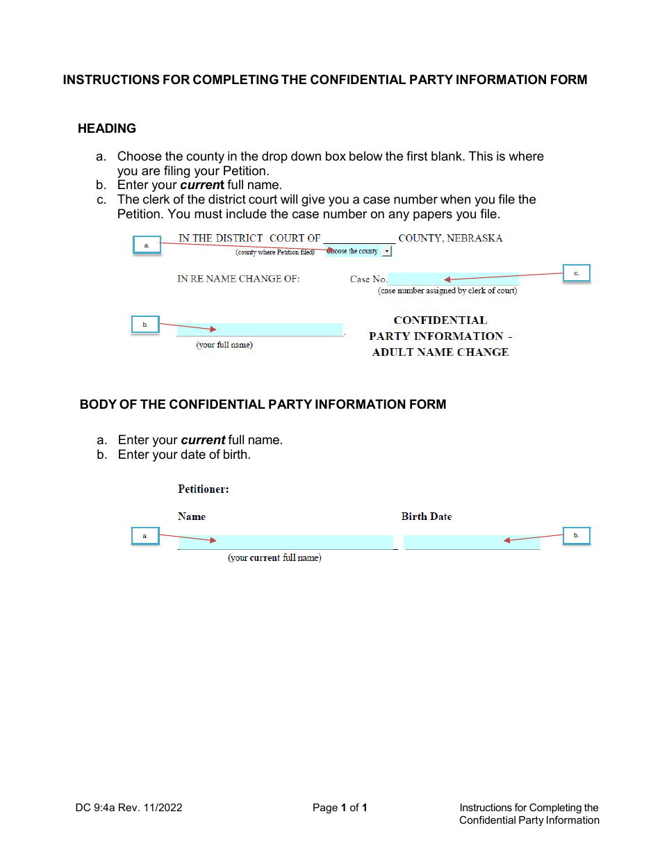 Instructions for Form DC6:9.4 Confidential Party Information - Adult Name Change - Nebraska, Page 1