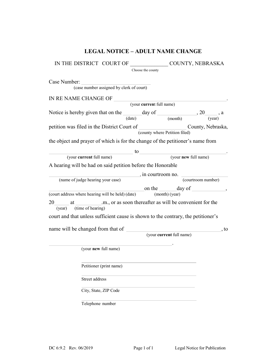 Form DC6:9.2 Legal Notice - Adult Name Change - Nebraska, Page 1
