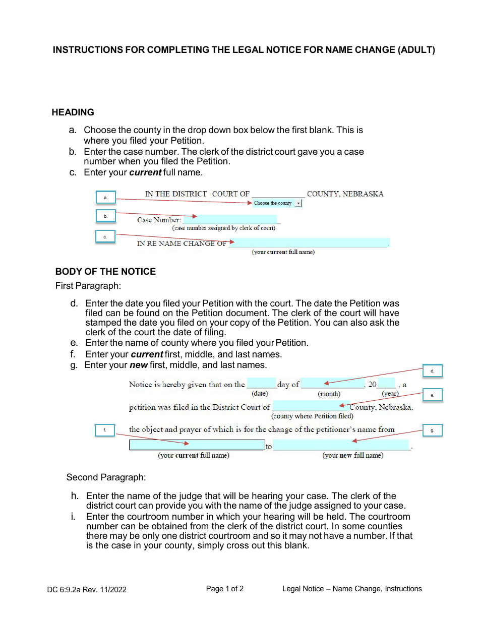 Instructions for Form DC6:9.2 Legal Notice - Adult Name Change - Nebraska, Page 1