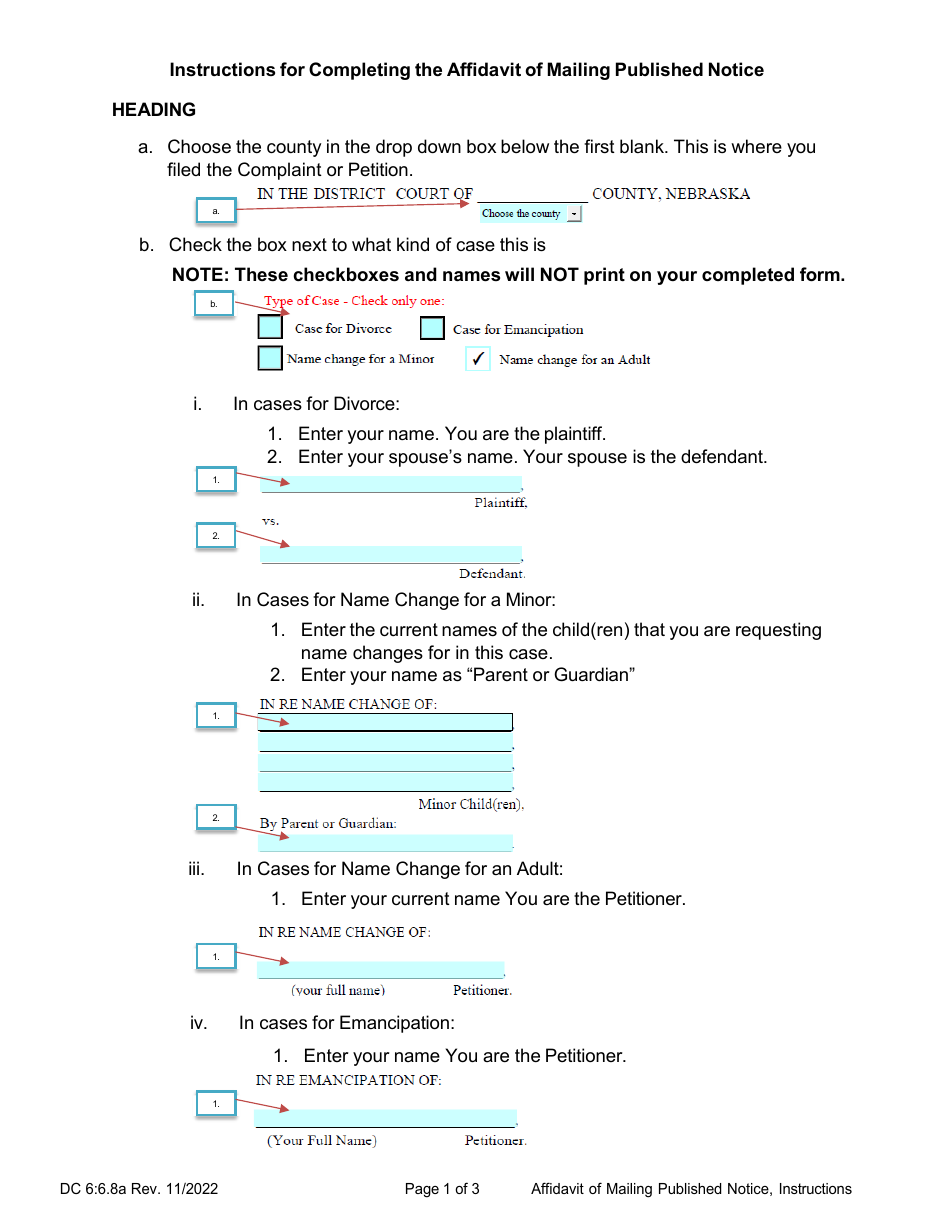 Instructions for Form DC6:6.8 Affidavit of Mailing Published Notice - Nebraska, Page 1
