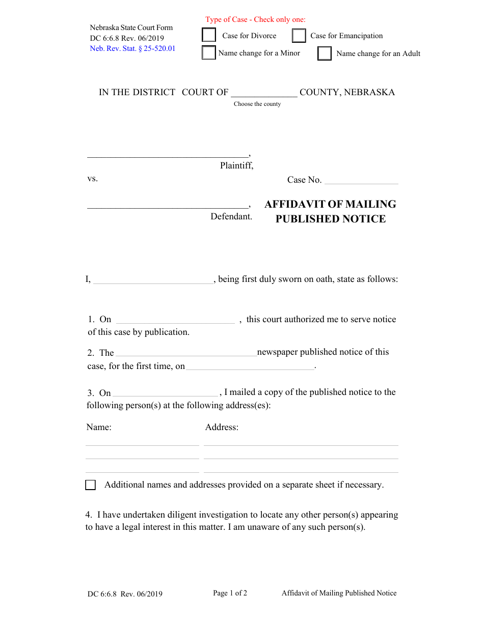 Form DC6:6.8 Affidavit of Mailing Published Notice - Nebraska, Page 1