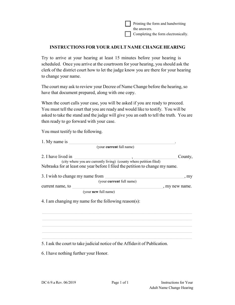Form DC6:9A Instructions for Your Adult Name Change Hearing - Nebraska, Page 1