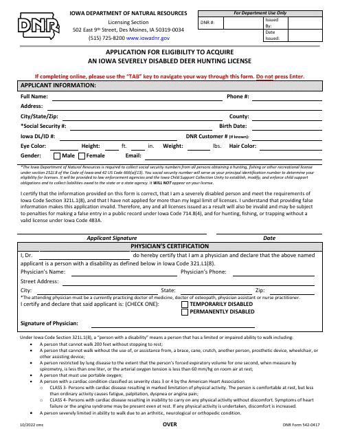 DNR Form 542-0417 Application for Eligibility to Acquire an Iowa Severely Disabled Deer Hunting License - Iowa