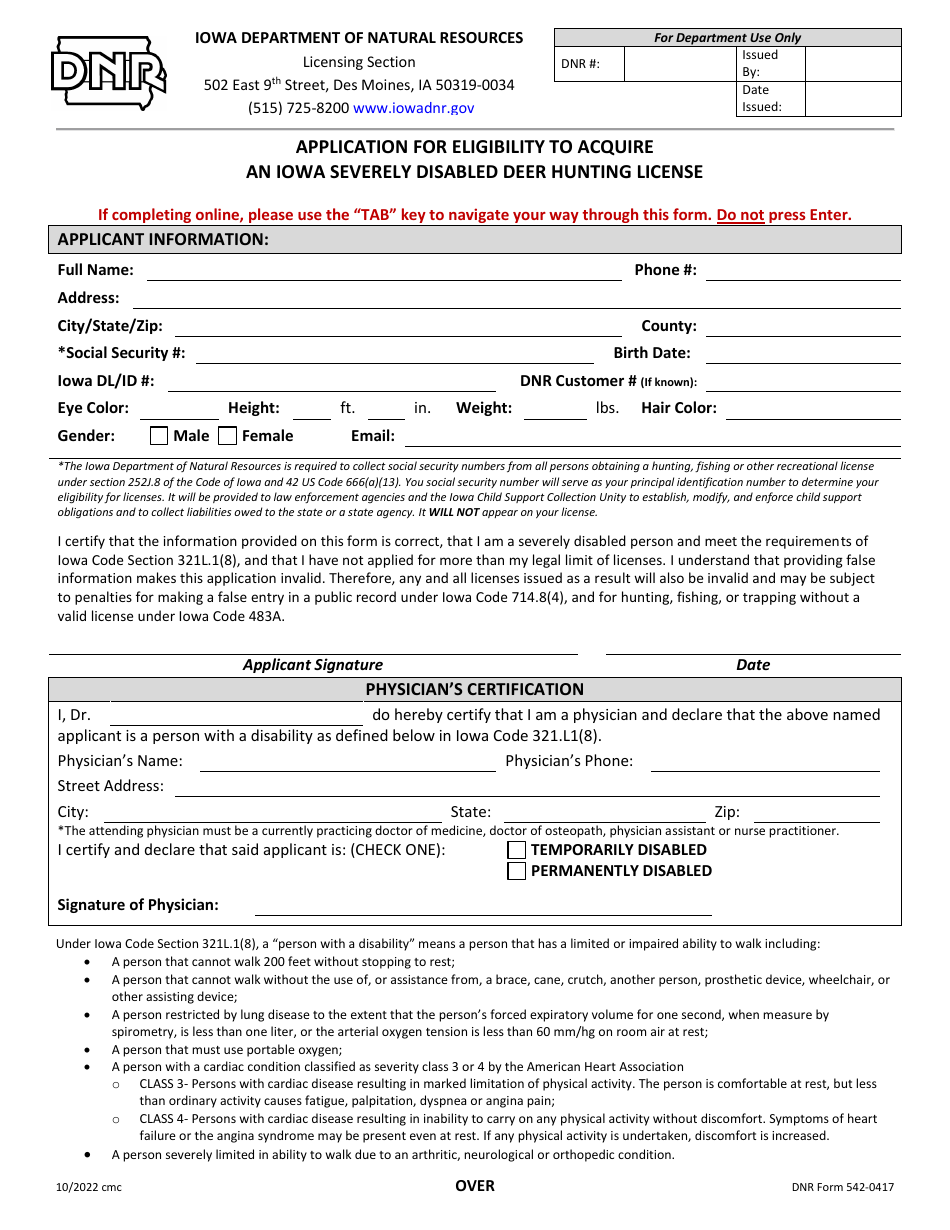 DNR Form 542-0417 Application for Eligibility to Acquire an Iowa Severely Disabled Deer Hunting License - Iowa, Page 1