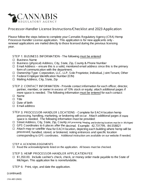 Form CRA-6001 Hemp Processor-Handler License Application - Michigan, 2023