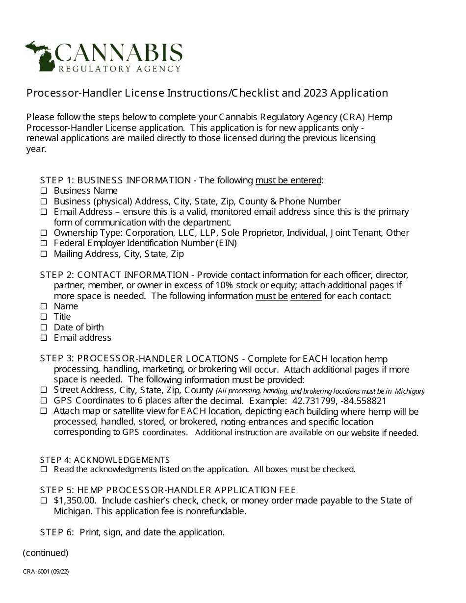 Form CRA-6001 Hemp Processor-Handler License Application - Michigan, Page 1