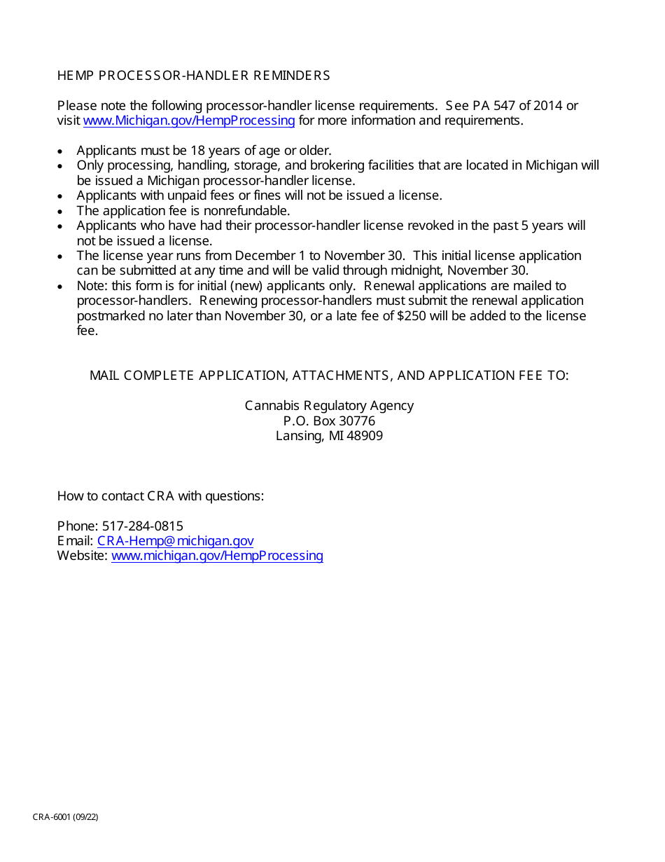 Form CRA-6001 Hemp Processor-Handler License Application - Michigan, Page 2