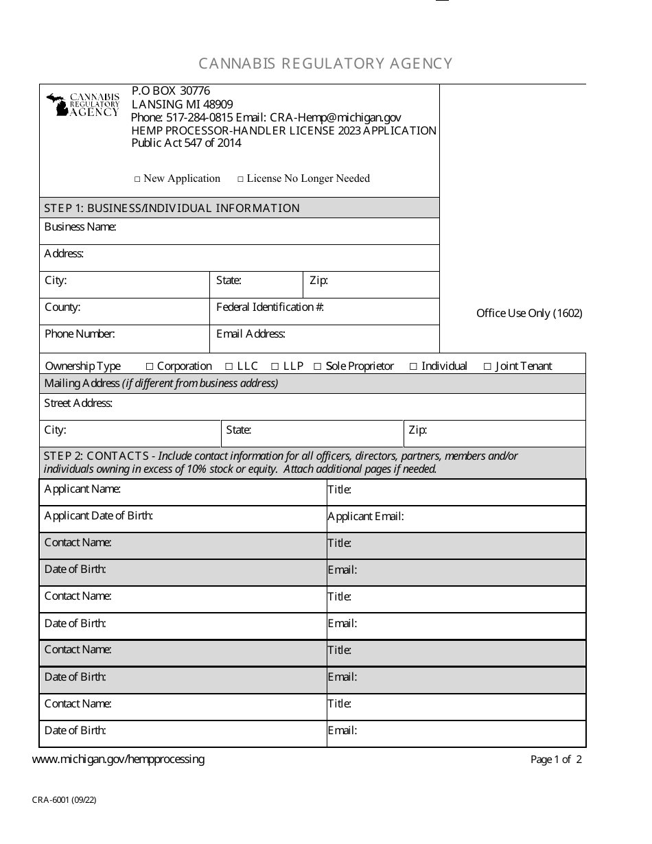 Form CRA-6001 Hemp Processor-Handler License Application - Michigan, Page 3