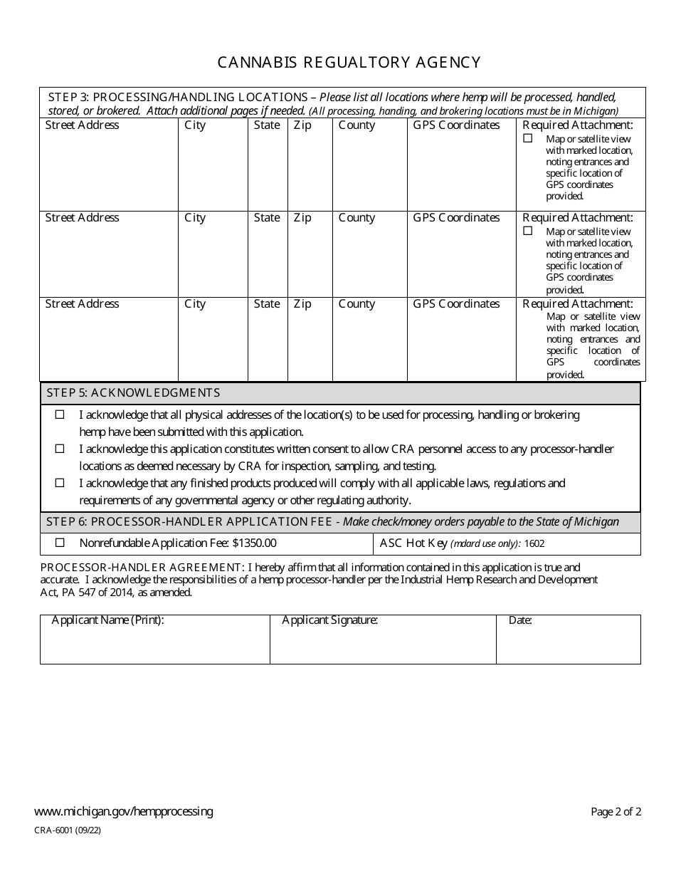 Form CRA-6001 Hemp Processor-Handler License Application - Michigan, Page 4