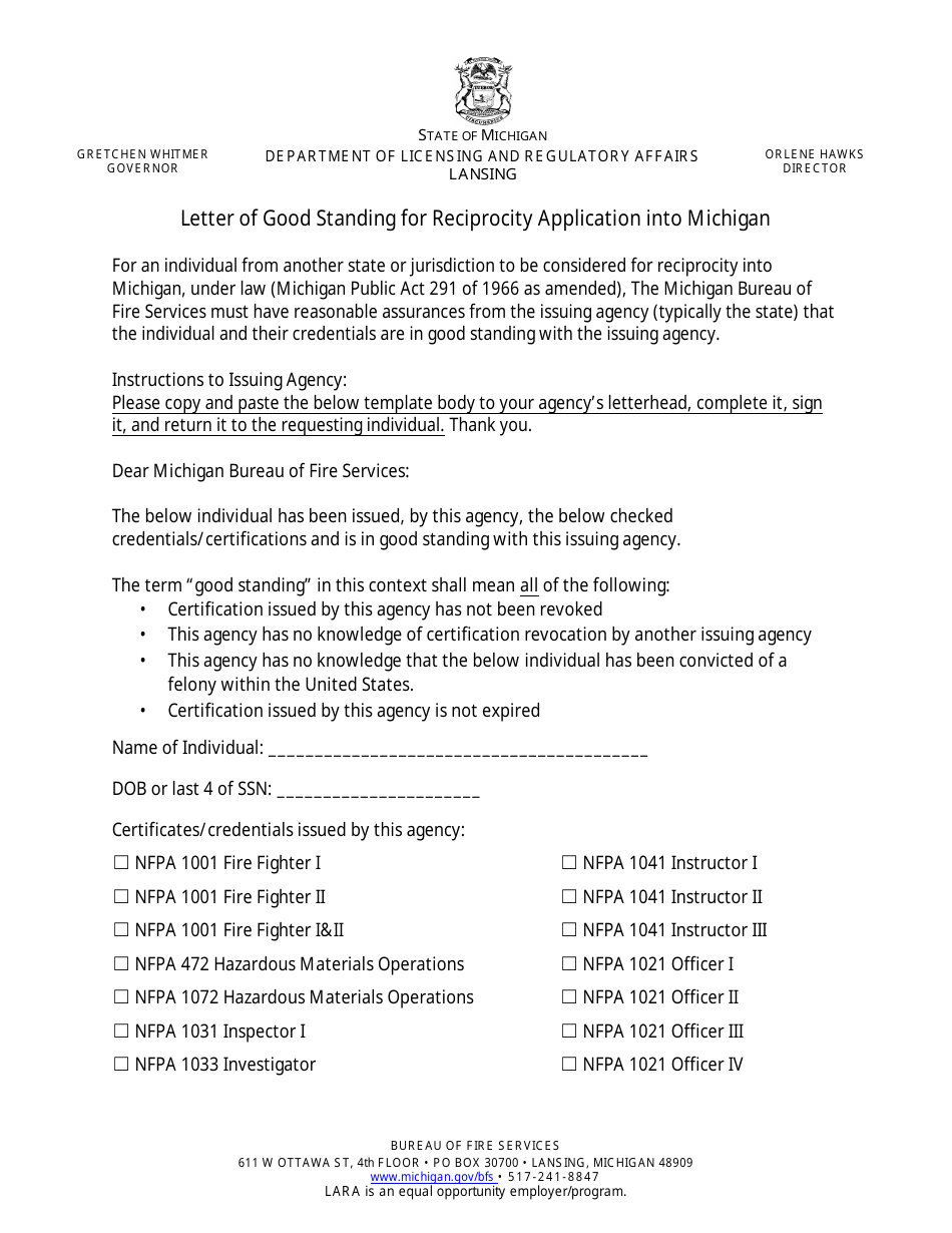 Letter of Good Standing for Reciprocity Application Into Michigan - Michigan, Page 1