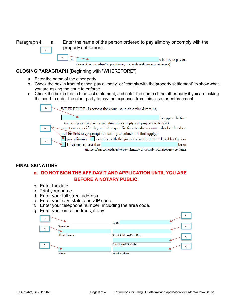 Instructions for Form DC6:5.42 Affidavit and Application for Order to Show Cause (Alimony / Property Settlement) - Nebraska, Page 3