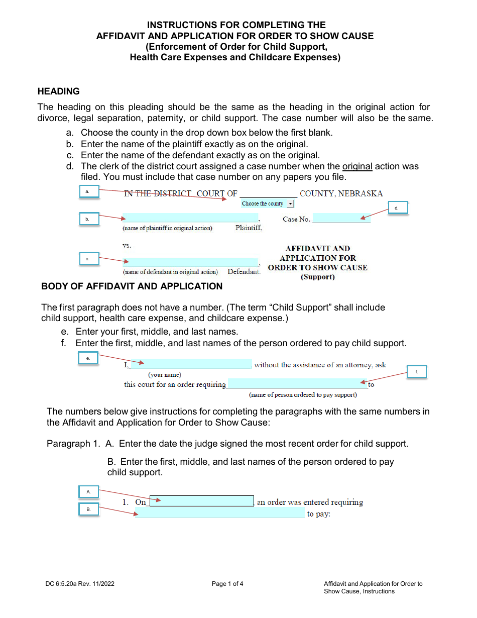 Instructions for Form DC6:5.20 Affidavit and Application for Order to Show Cause (Child Support) - Nebraska, Page 1