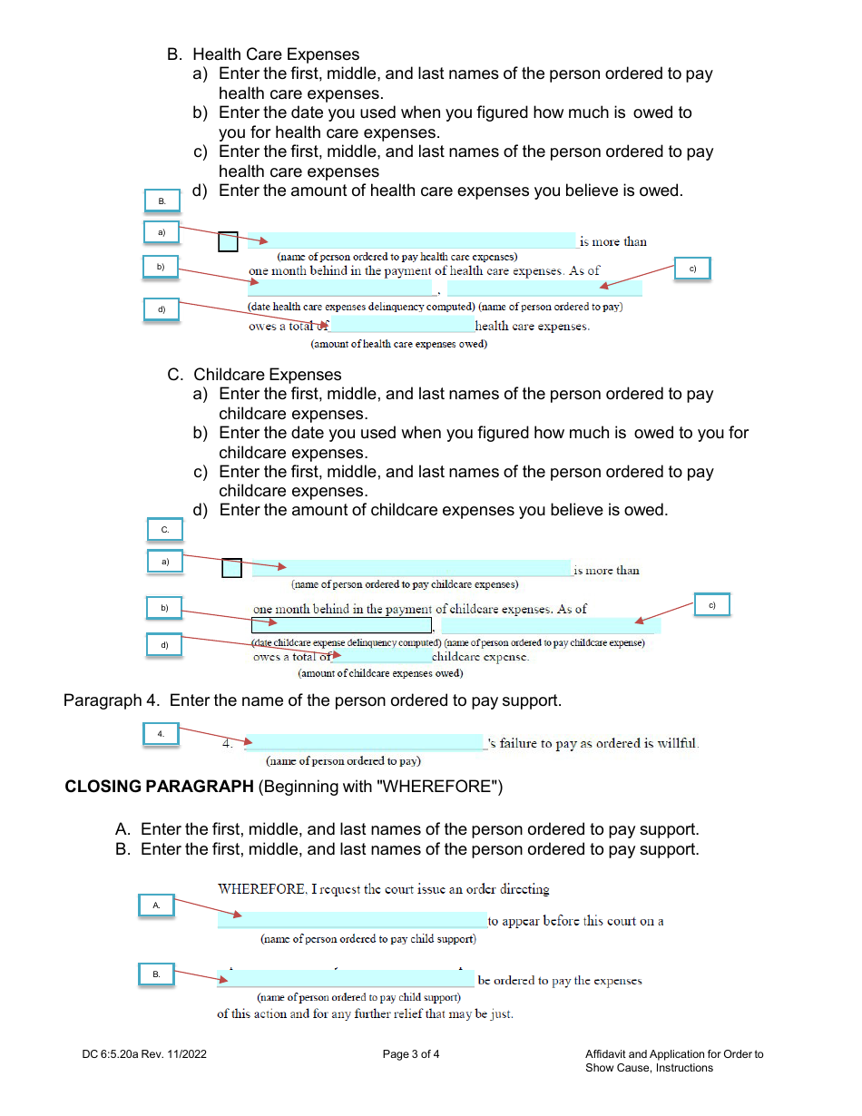 Instructions for Form DC6:5.20 Affidavit and Application for Order to Show Cause (Child Support) - Nebraska, Page 3