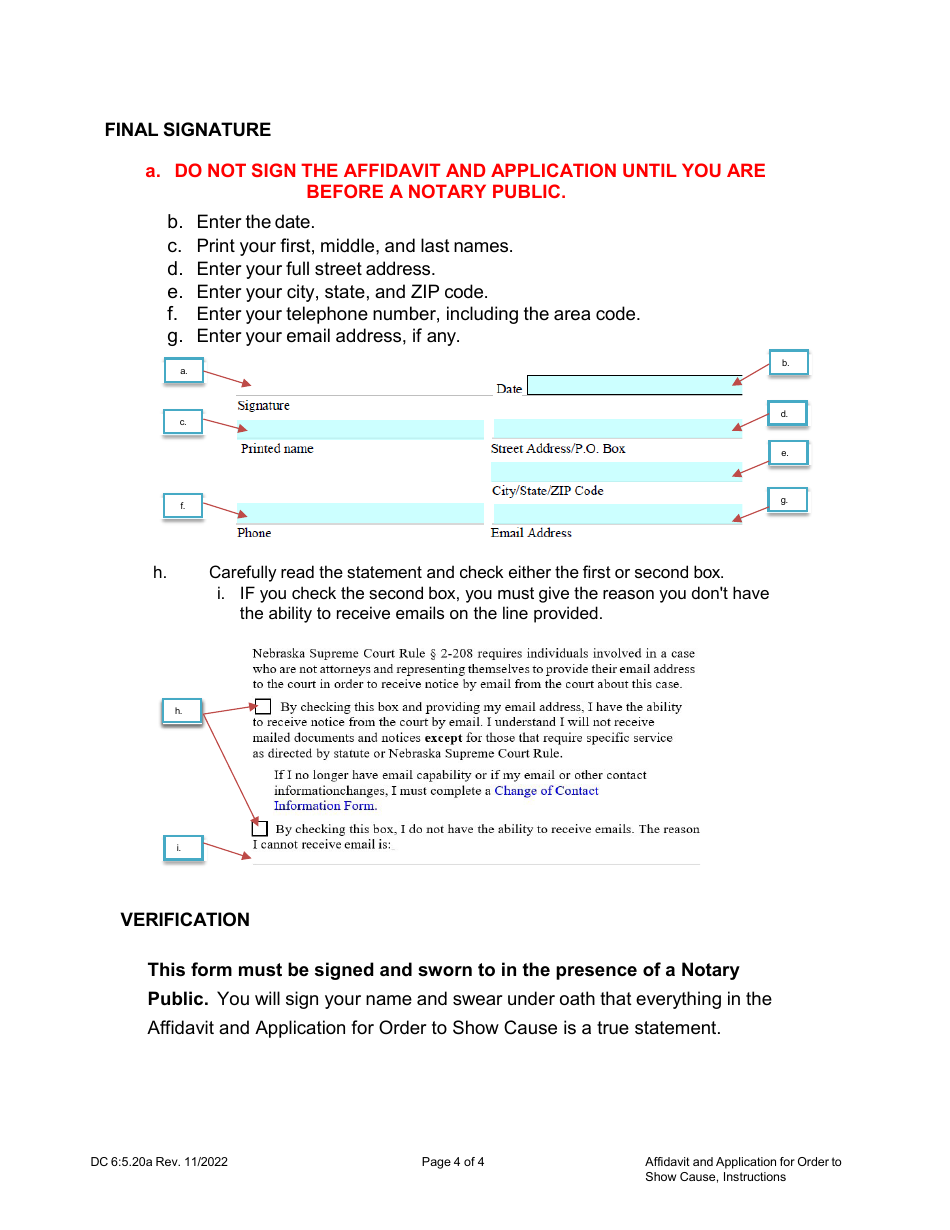 Instructions for Form DC6:5.20 Affidavit and Application for Order to Show Cause (Child Support) - Nebraska, Page 4
