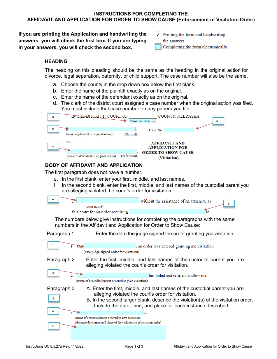 Instructions for Form DC6:5.27 Affidavit and Application for Order to Show Cause (Enforcement of Visitation Order) - Nebraska, Page 1