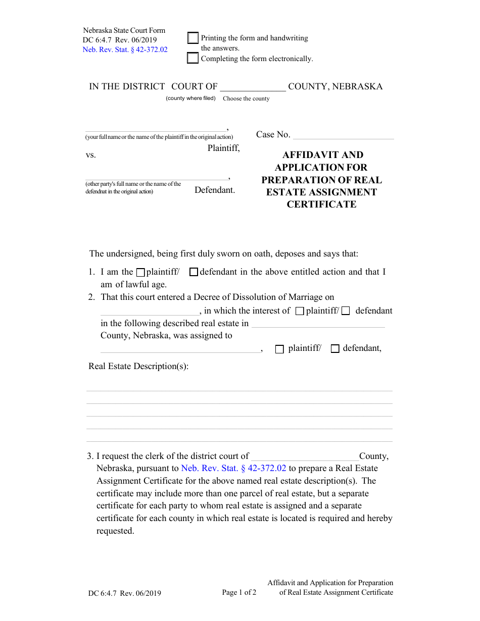 Form DC6:4.7 Affidavit and Application for Preparation of Real Estate Assignment Certificate - Nebraska, Page 1