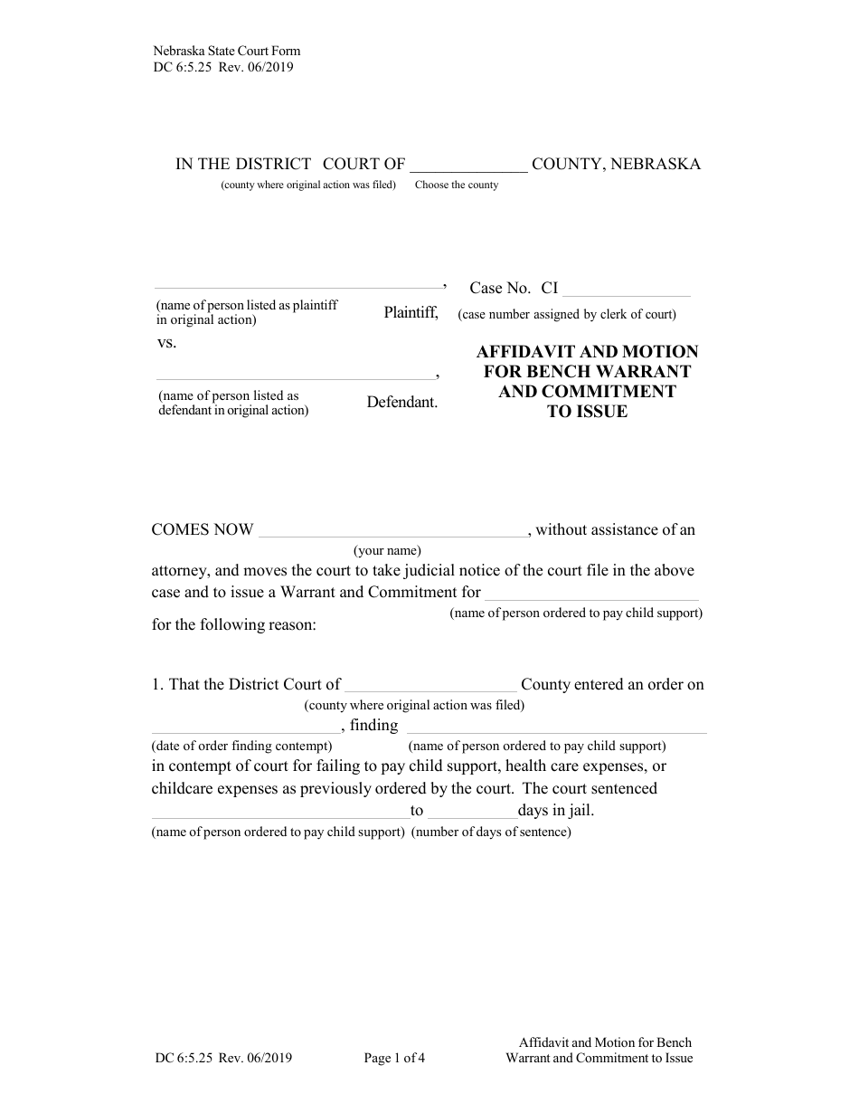 Form DC6:5.25 Affidavit and Motion for Bench Warrant and Commitment to Issue - Nebraska, Page 1