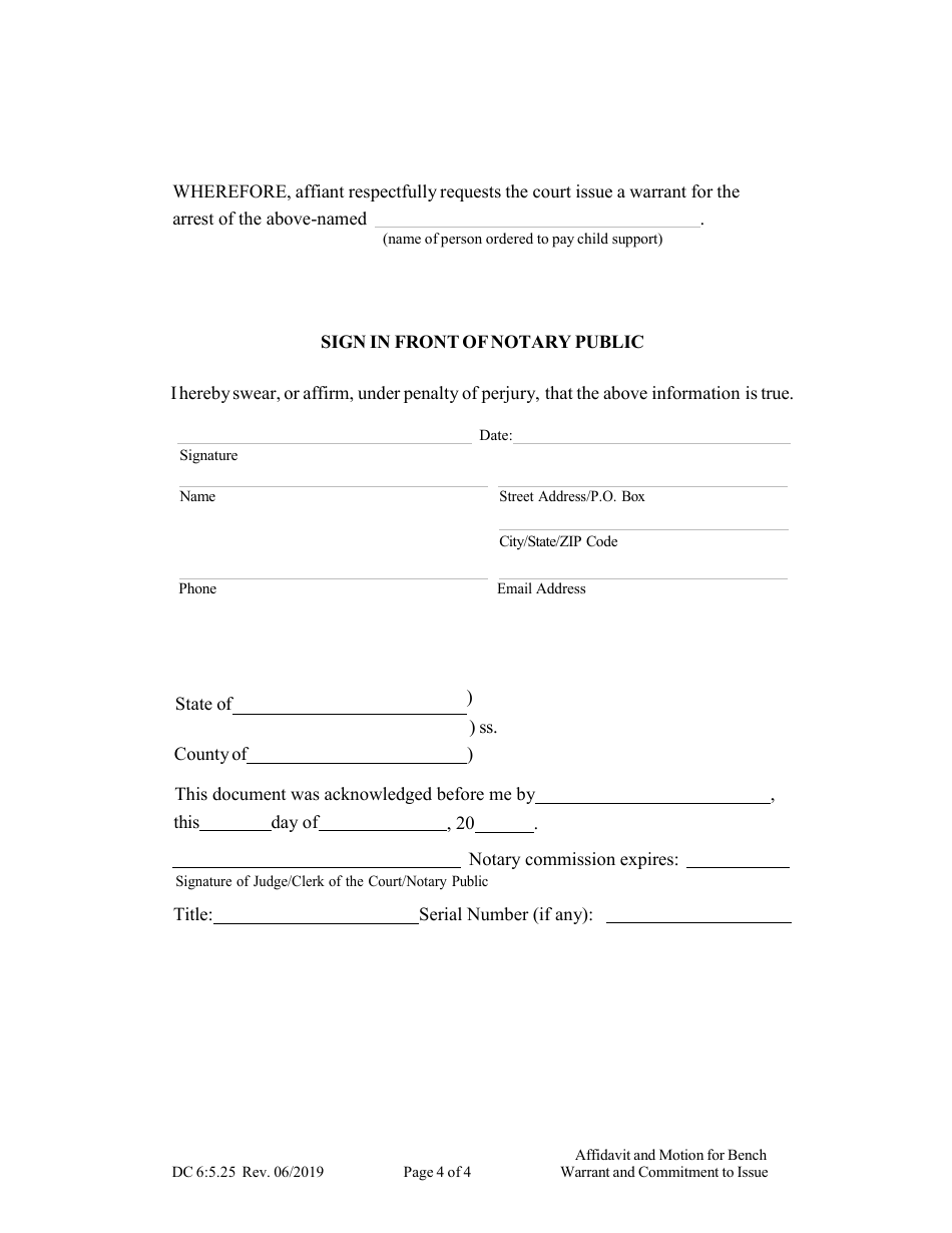 Form DC6:5.25 Affidavit and Motion for Bench Warrant and Commitment to Issue - Nebraska, Page 4