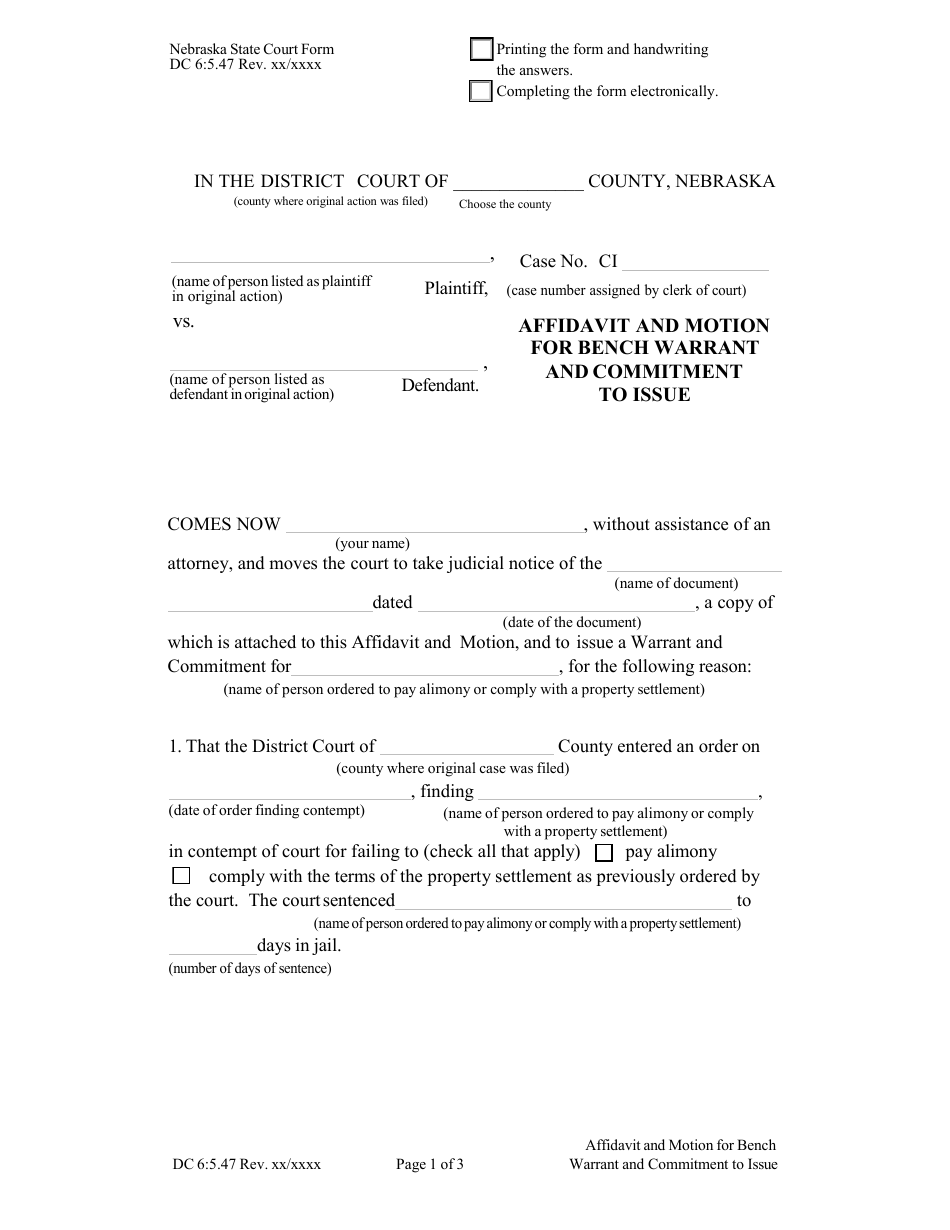 Form DC6:5.47 Affidavit and Motion for Bench Warrant and Commitment to Issue (Non-compliance of Divorce Terms) - Nebraska, Page 1
