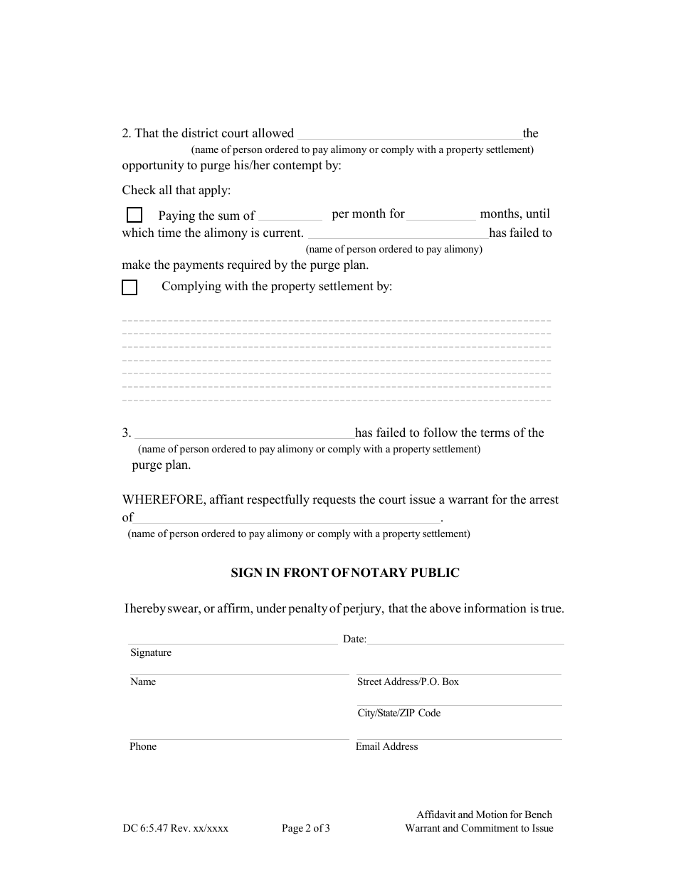 Form DC6:5.47 Affidavit and Motion for Bench Warrant and Commitment to Issue (Non-compliance of Divorce Terms) - Nebraska, Page 2