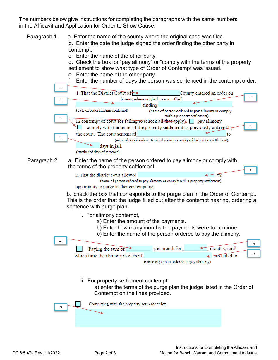 Instructions for Form DC6:5.47 Affidavit and Motion for Bench Warrant and Commitment to Issue (Non-compliance of Divorce Terms) - Nebraska, Page 2