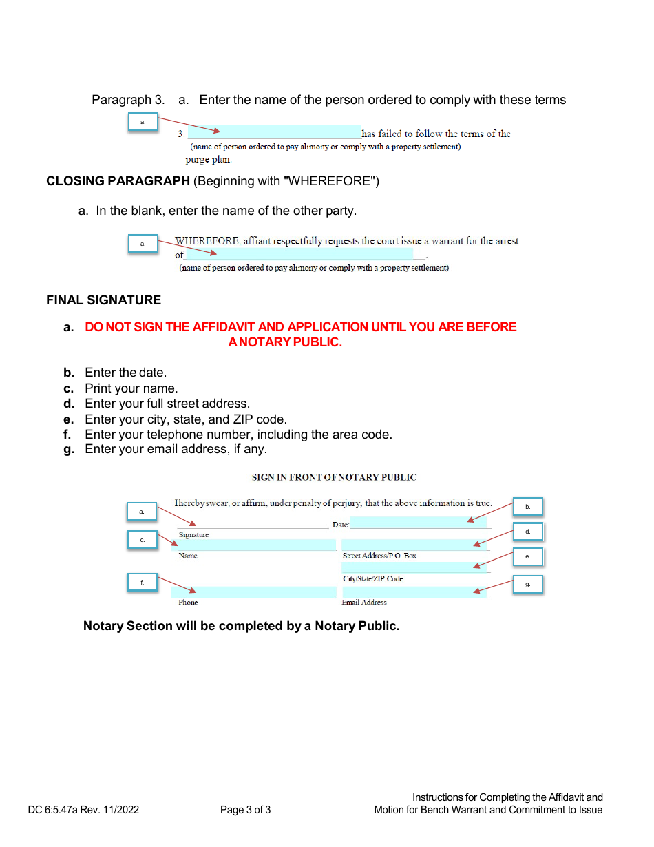 Instructions for Form DC6:5.47 Affidavit and Motion for Bench Warrant and Commitment to Issue (Non-compliance of Divorce Terms) - Nebraska, Page 3