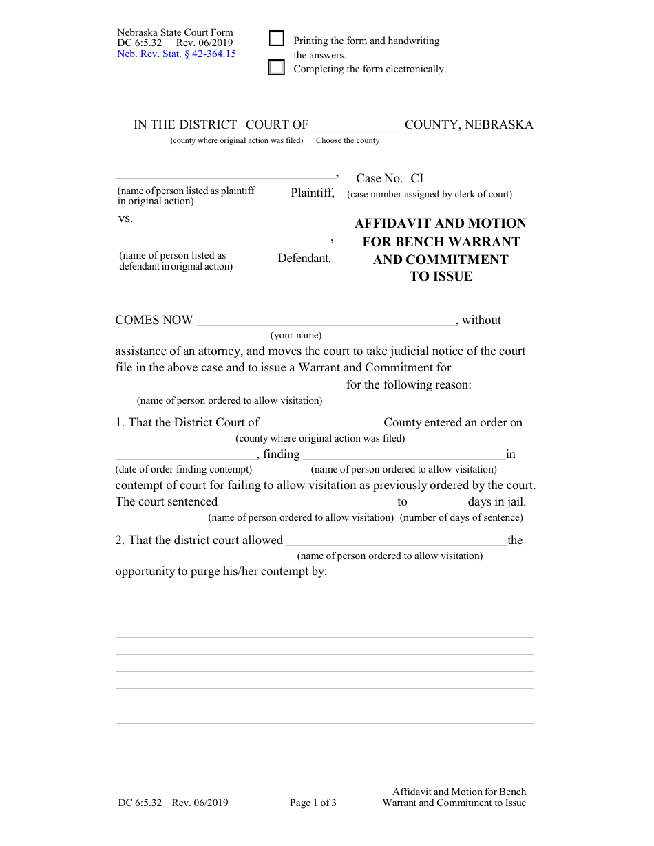 Form DC6:5.32 Affidavit and Motion for Bench Warrant and Commitment to Issue (Visitation) - Nebraska, Page 1