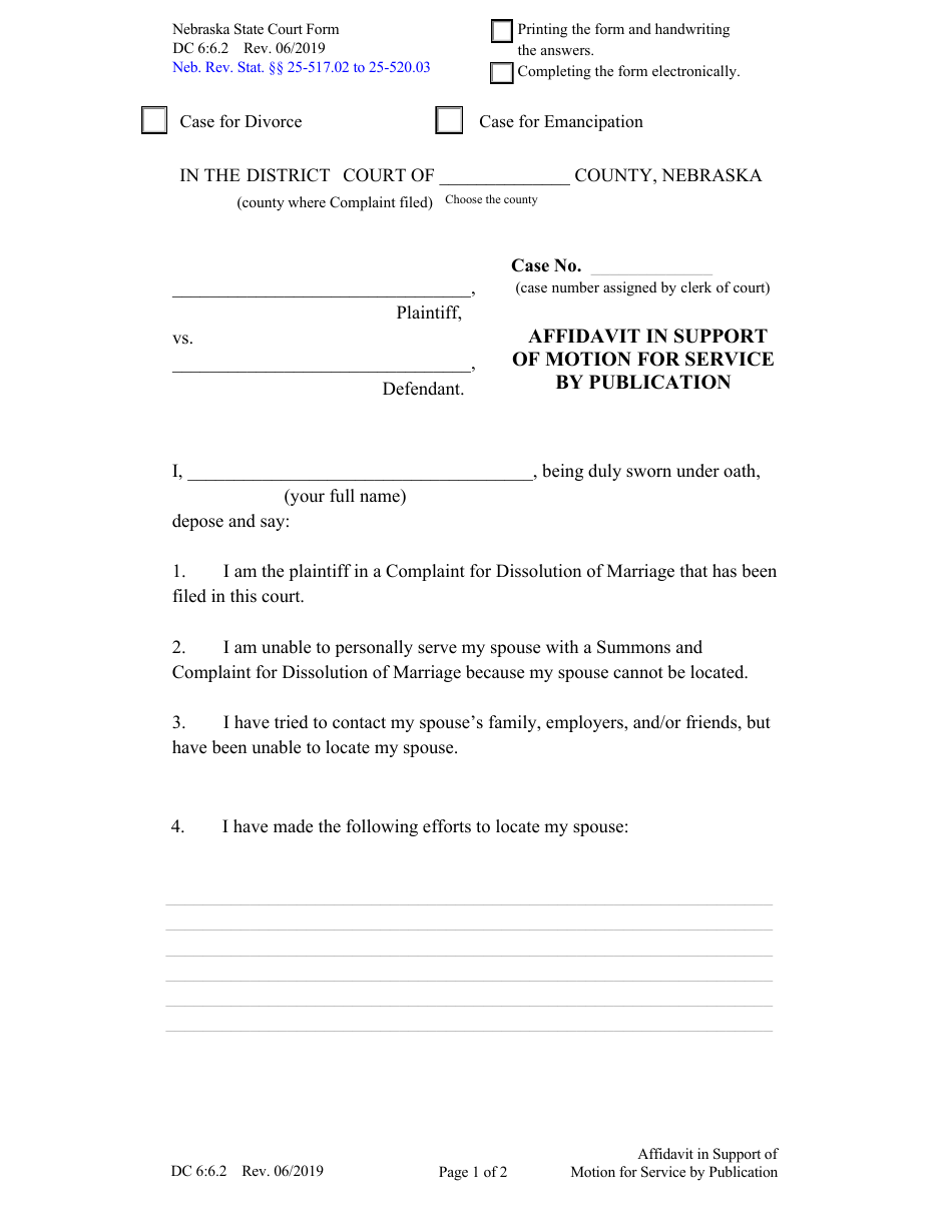 Form DC6:6.2 Affidavit in Support of Motion for Service by Publication - Nebraska, Page 1