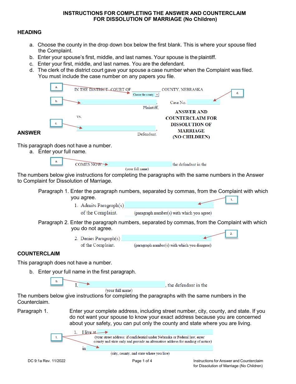 Instructions for Form DC9:1 Answer and Counterclaim for Dissolution of Marriage (No Children) - Nebraska, Page 1