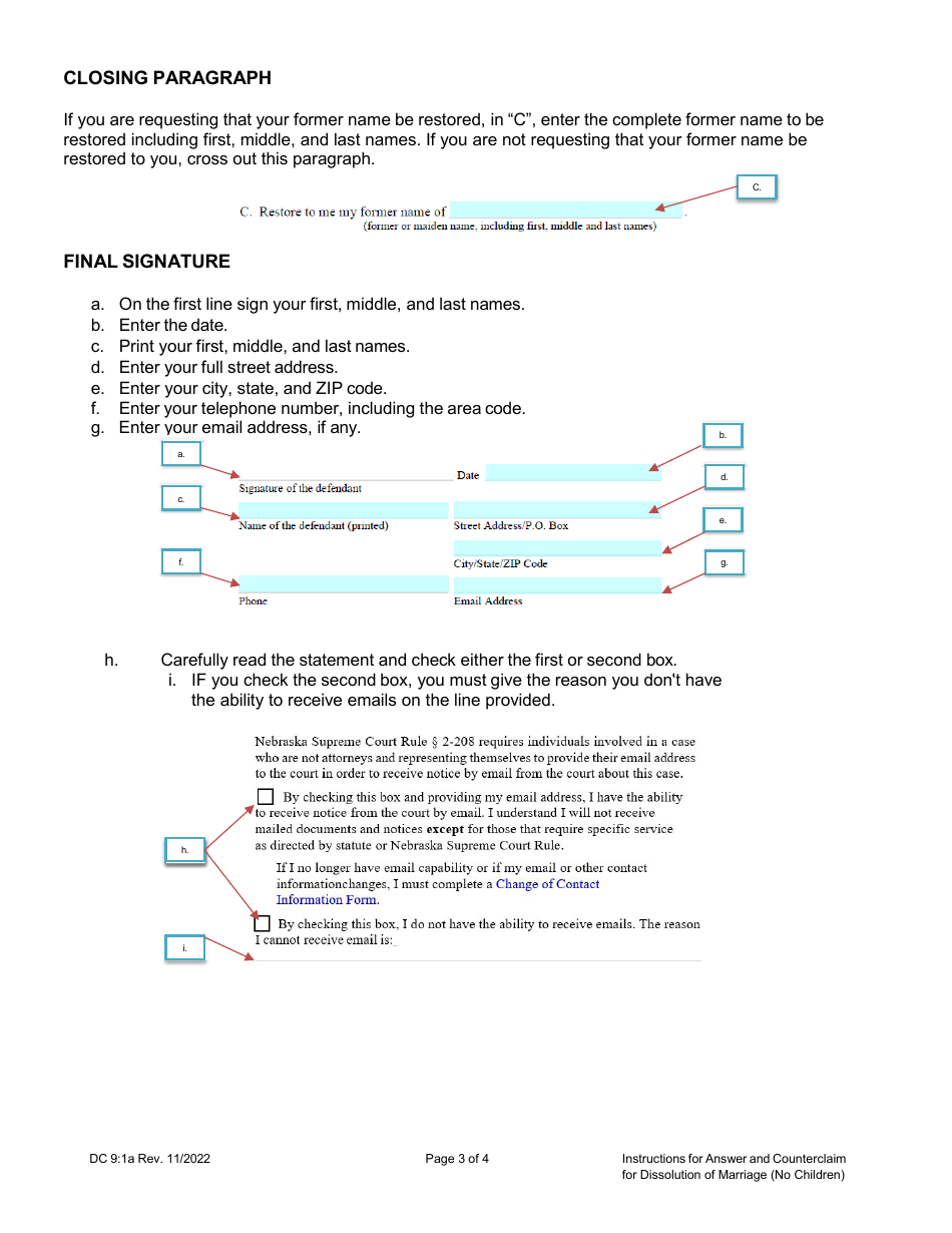 Instructions for Form DC9:1 Answer and Counterclaim for Dissolution of Marriage (No Children) - Nebraska, Page 3