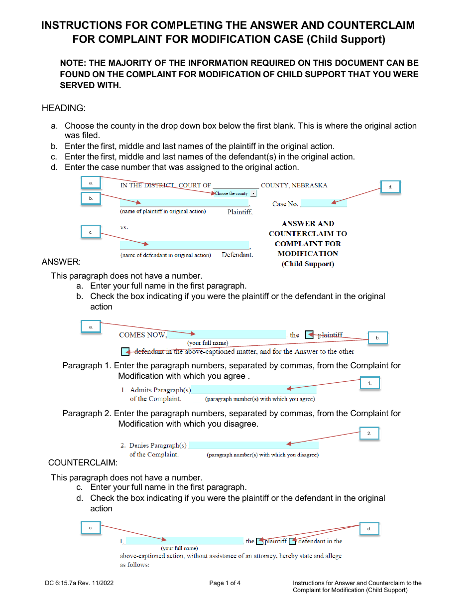Instructions for Form DC6:15.7 Answer and Counterclaim to Complaint for Modification (Child Support) - Nebraska, Page 1