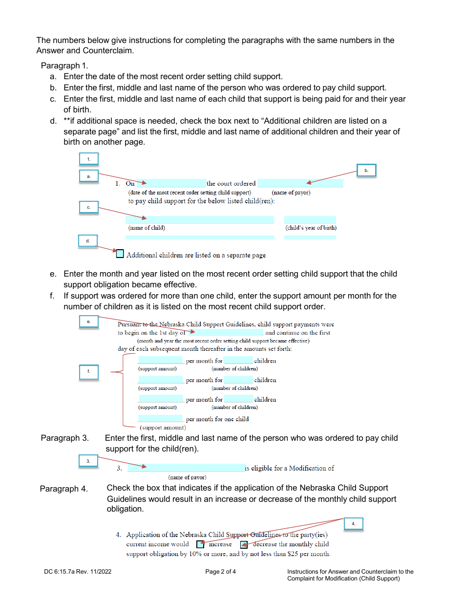 Instructions for Form DC6:15.7 Answer and Counterclaim to Complaint for Modification (Child Support) - Nebraska, Page 2
