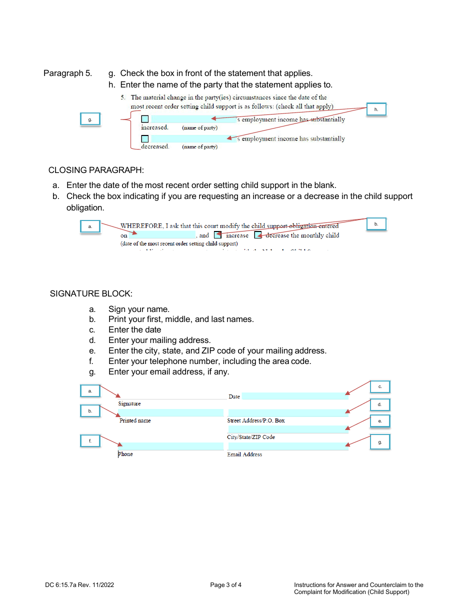 Instructions for Form DC6:15.7 Answer and Counterclaim to Complaint for Modification (Child Support) - Nebraska, Page 3