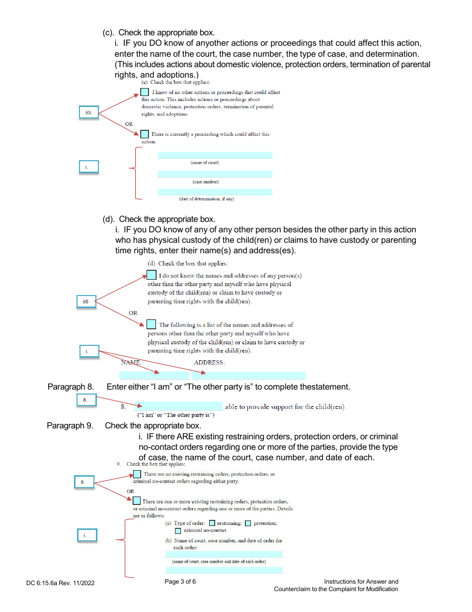Instructions for Form DC6:15.6 Answer and Counterclaim to Complaint for Modification - Nebraska, Page 3