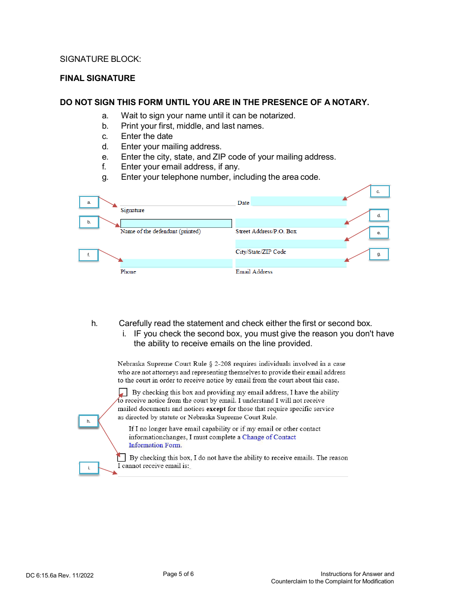 Instructions for Form DC6:15.6 Answer and Counterclaim to Complaint for Modification - Nebraska, Page 5